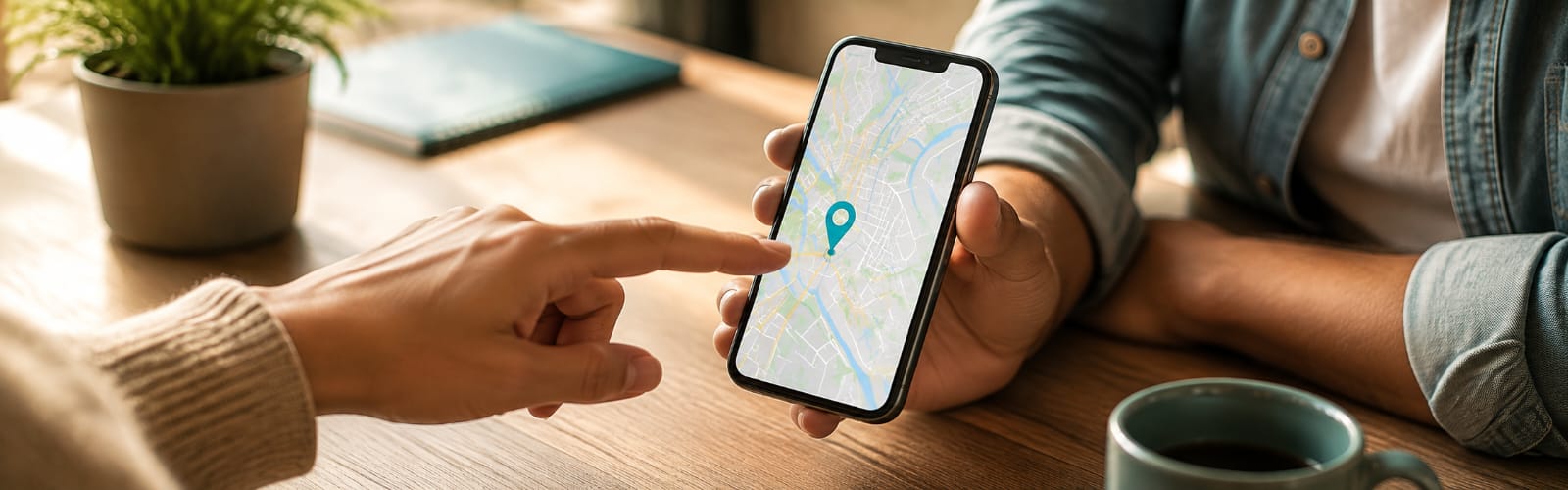 Zwei Personen am Tisch schauen auf ein Smartphone, das eine Karte mit Standort-Pin zeigt.