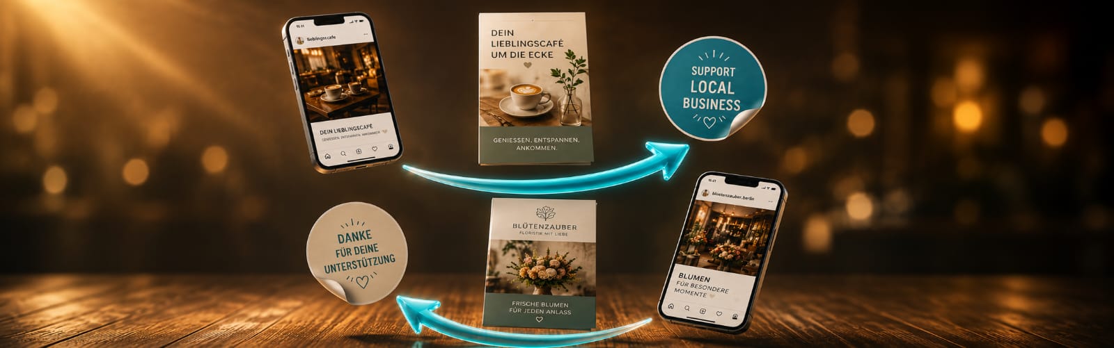 Zwei lokale Betriebe empfehlen sich gegenseitig auf Social Media, mit Aufkleber „Support Local Business“.