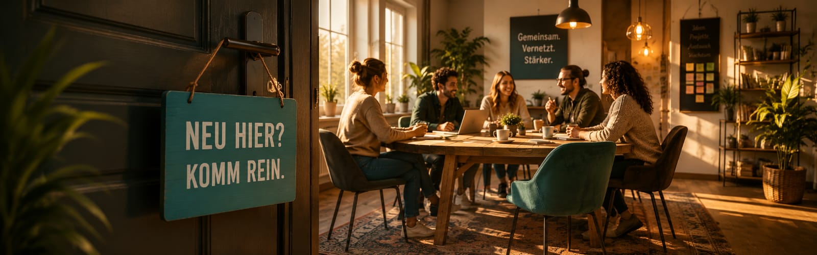 Fünf Menschen sitzen an einem Holztisch und unterhalten sich; an der Tür ein Schild „Neu hier? Komm rein.“